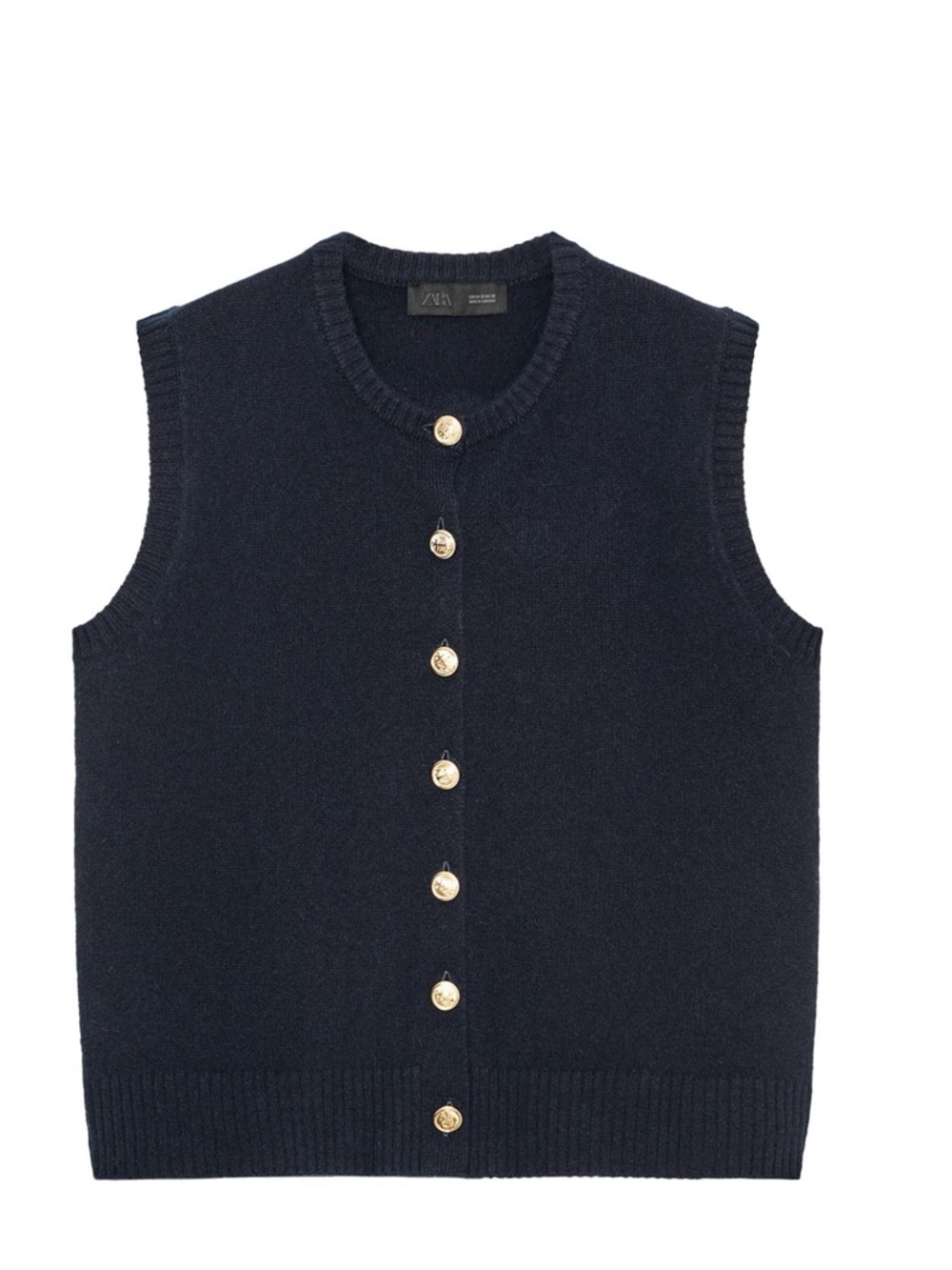 Zara Navy 100% wool Knit Vest with Gold Buttons